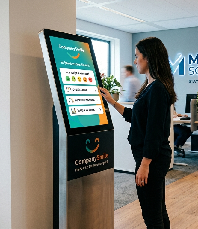 Medewerker geeft feedback via de Company Smile zuil op kantoor